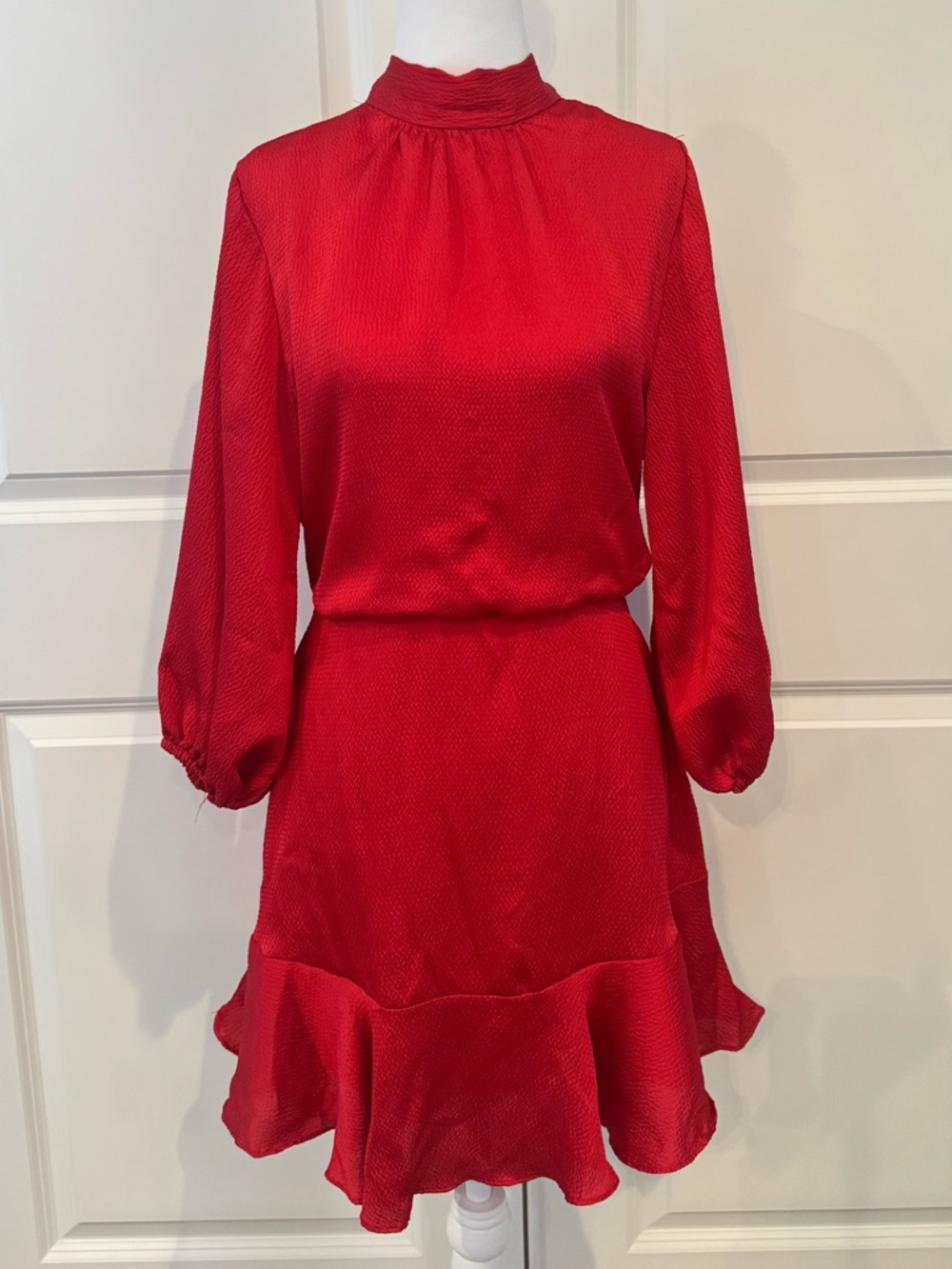 Vici Tyche Red Mock Neck Tie Back Ruffle Hem Mini Dress Romantic Long Sleeve M